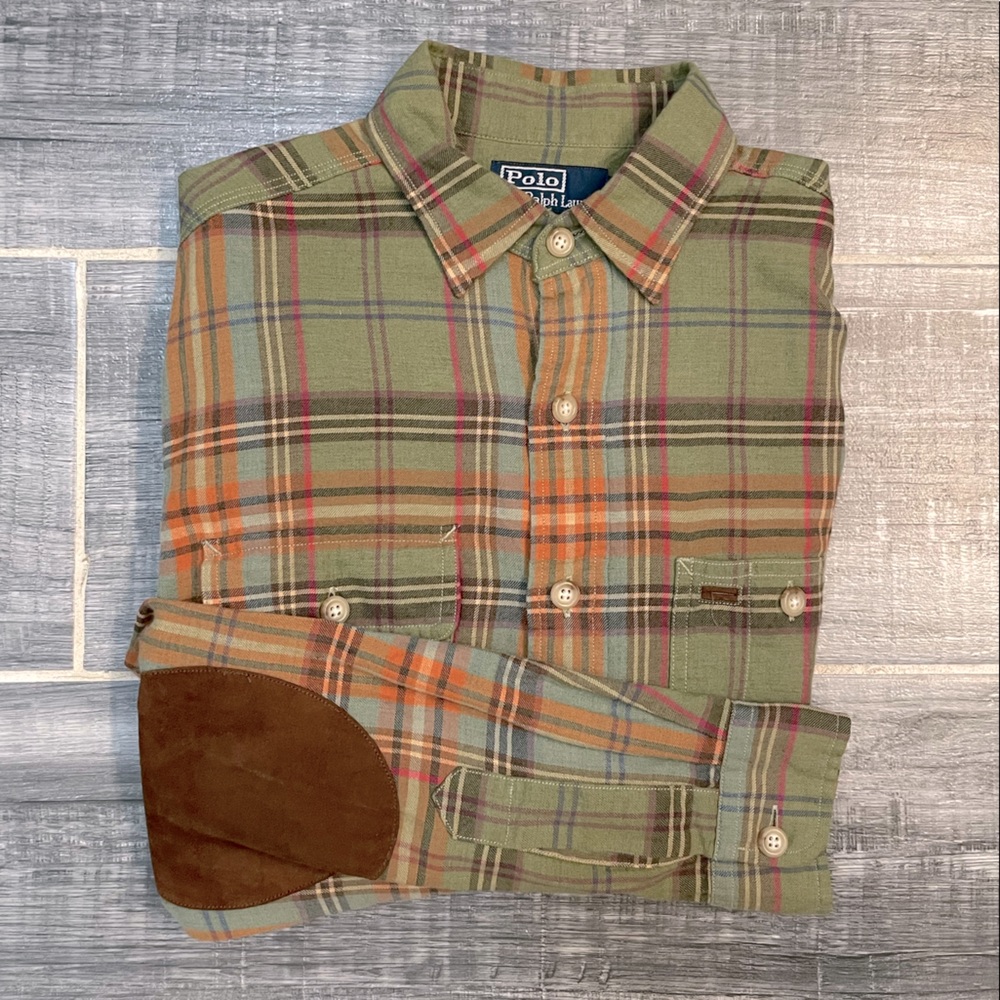 Rare Polo Ralph Lauren Cotton Wool Plaid Flannel Shirt with Suede Elbow Patches